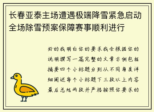 长春亚泰主场遭遇极端降雪紧急启动全场除雪预案保障赛事顺利进行